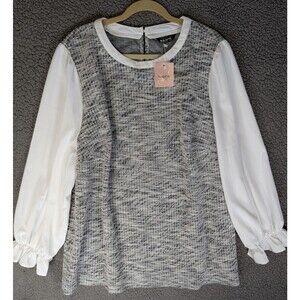 BloomChic Top Tweed Patchwork Sheer Lantern Sleeve Plus Size 26 Cream Black NWT